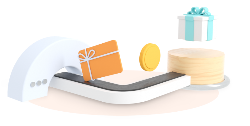 Conveyer belt with a gift card, coin, and gift-box on it