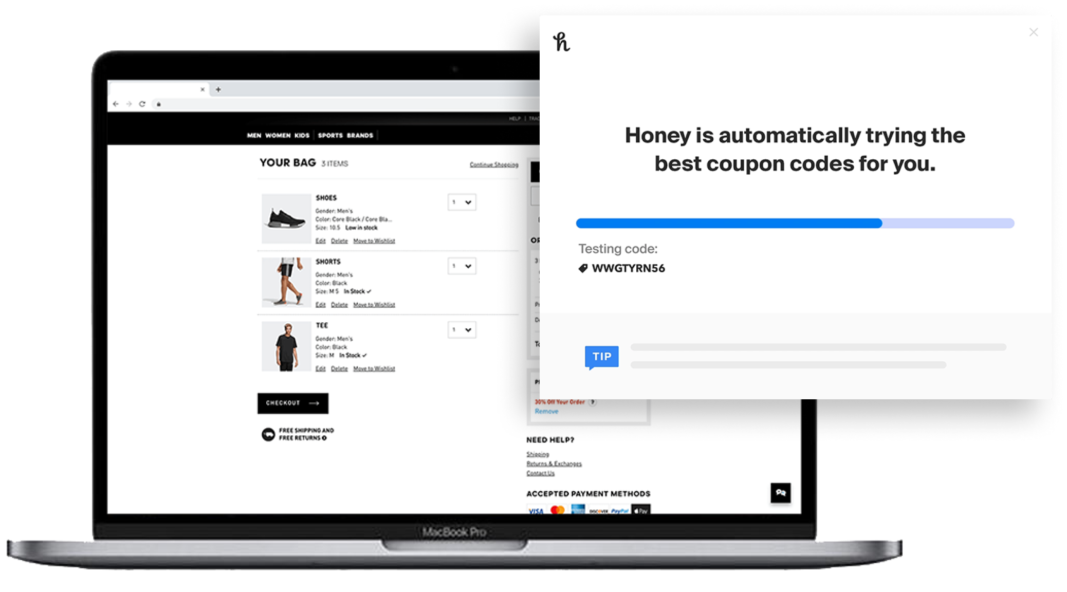 Laptop screen at checkout with coupons being automatically applied