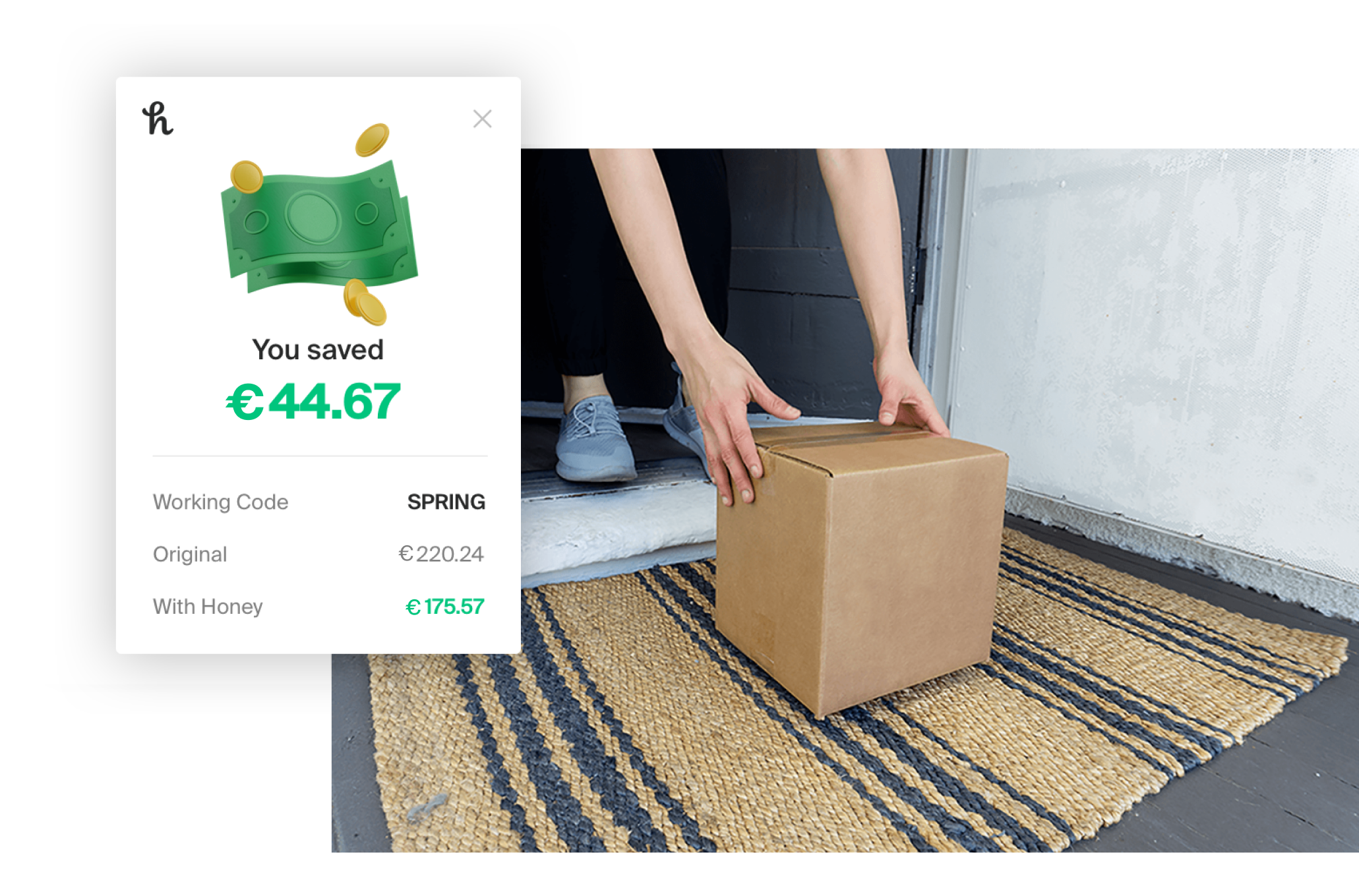 Savings alert overlapping image of box being picked up from doorstep
