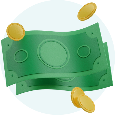 Illustration of two green money bills and three coins floating